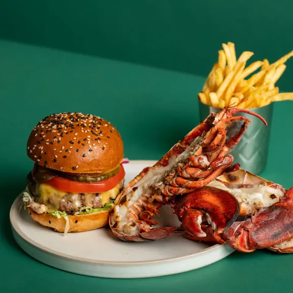 Burger & Lobster combo with green background